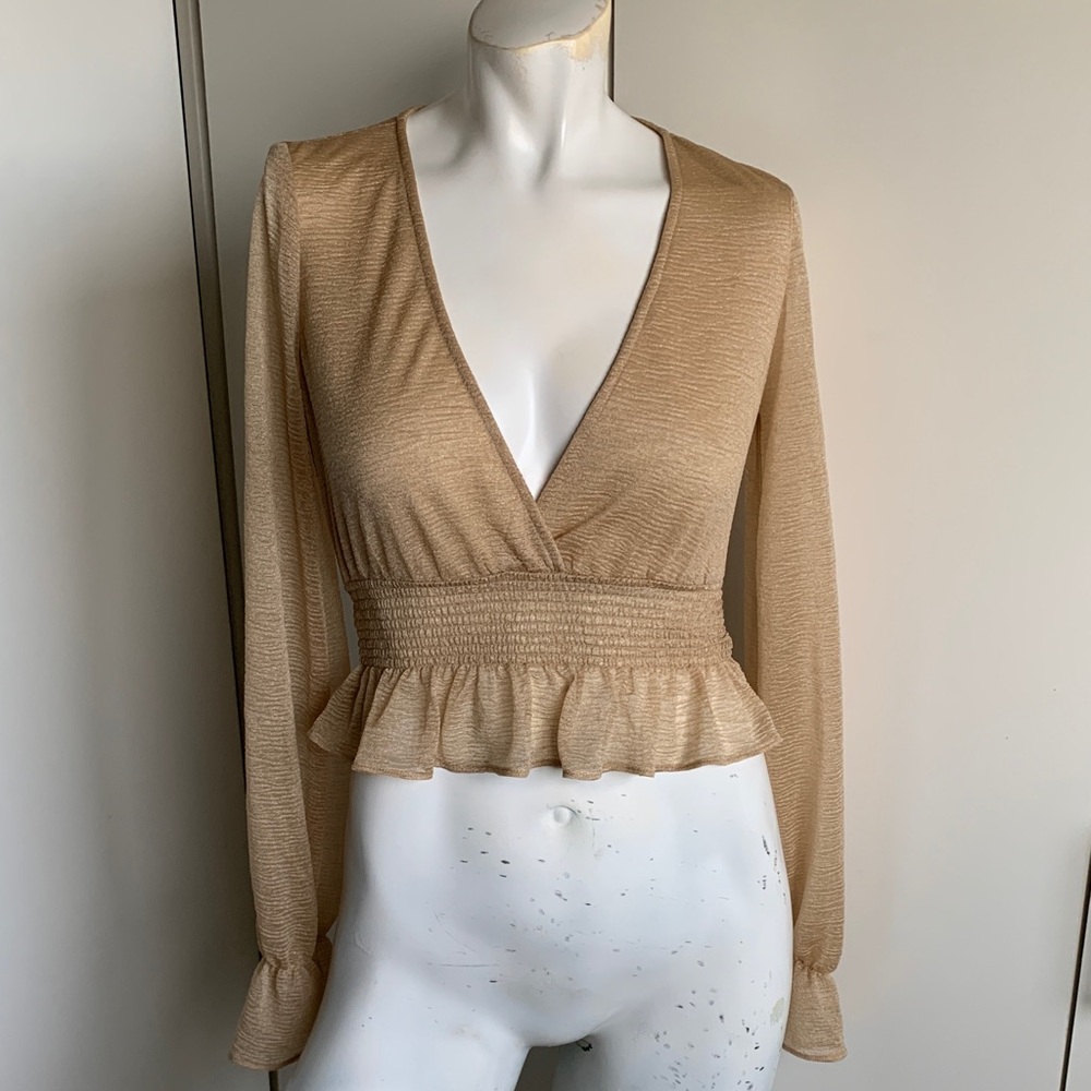 Urban Outfitters gold drop V-neck pullover semi-sheer blouse